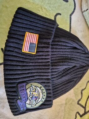 New Era Black Ribbed Beanie with Baltimore Ravens Patch and American Flag